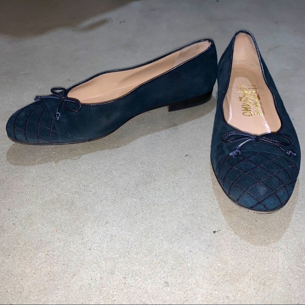 Salvatore Ferragamo Navy Blue Velvet Flats